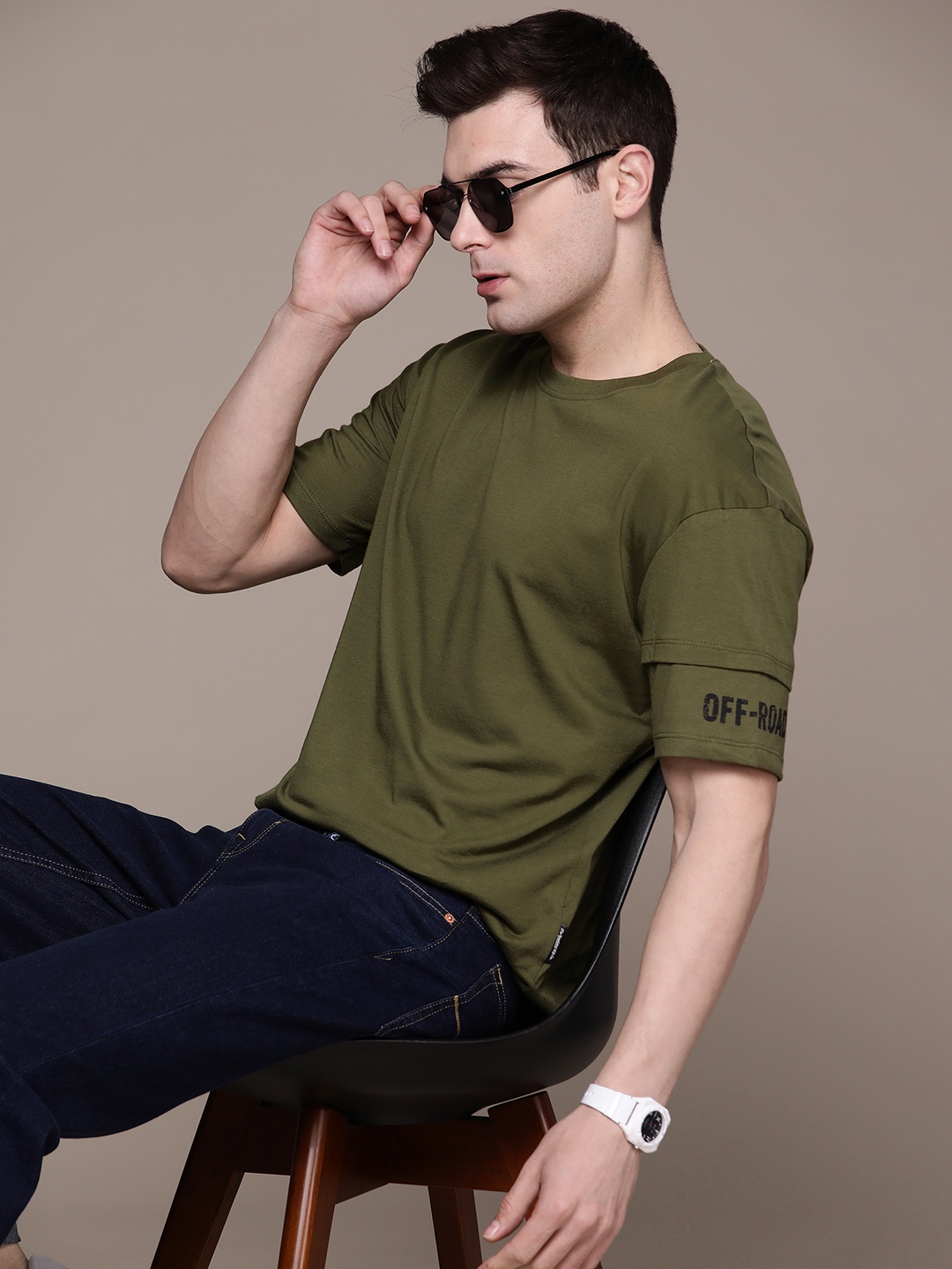 

The Roadster Lifestyle Co. Drop-Shoulder Sleeves Pure Cotton T-shirt, Olive