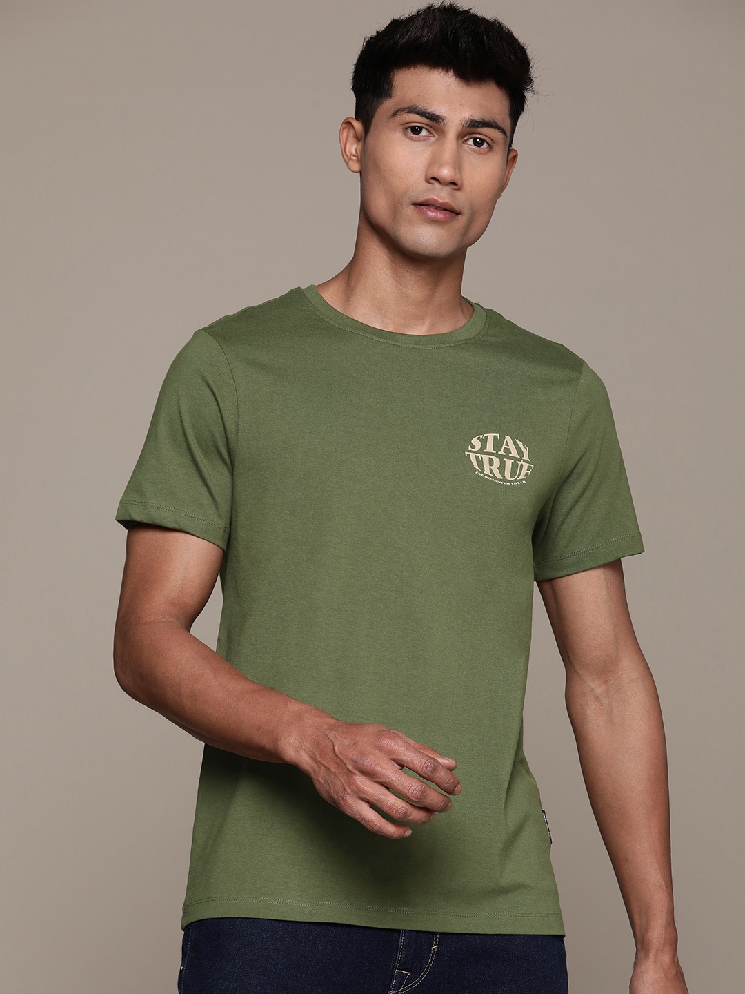 

The Roadster Lifestyle Co. Printed Detail Pure Cotton T-shirt, Olive