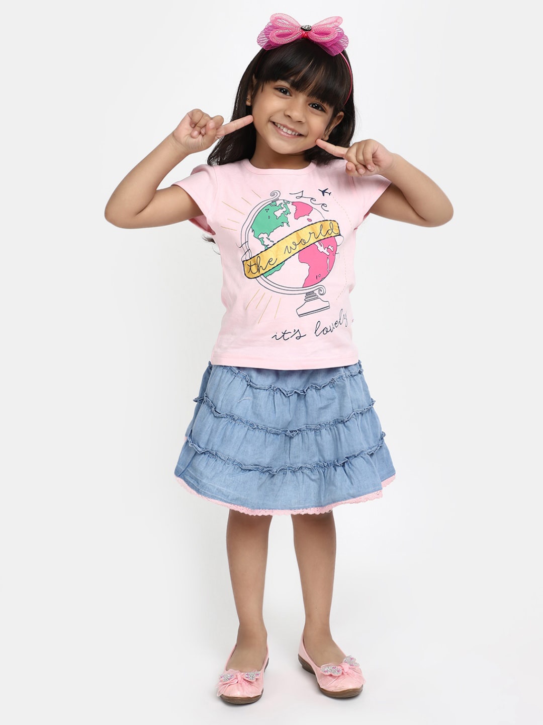 

V-Mart Girls Printed Pure Cotton T-shirt with Skirt, Pink