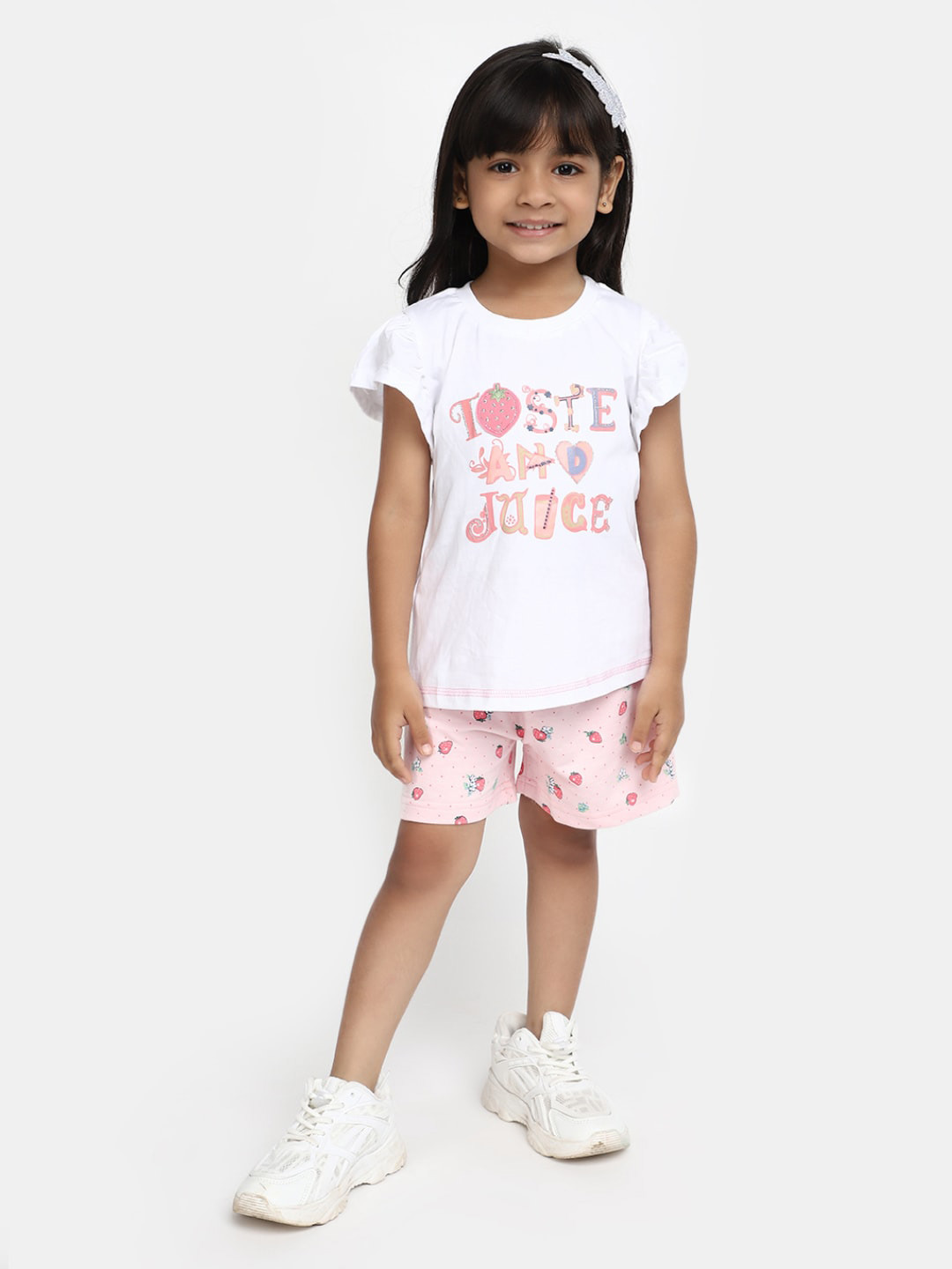 

V-Mart Girls Printed Pure Cotton T-shirt with Shorts, White