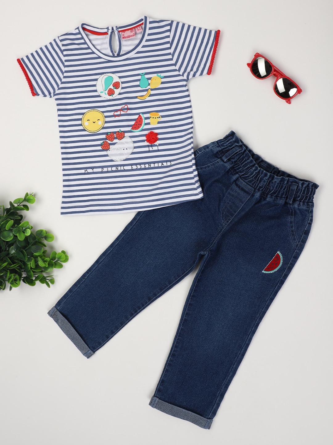 

V-Mart Girls Striped Pure Cotton T-Shirt With Trousers, Blue