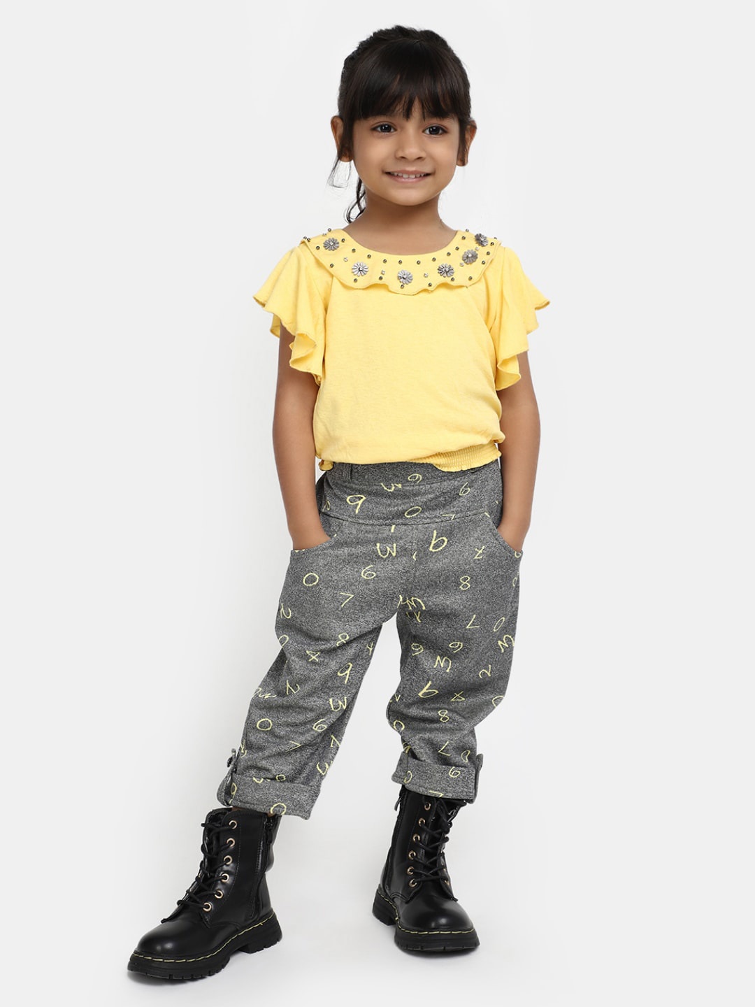 

V-Mart Girls Ruffle Embellished Pure Cotton Top With Trousers, Yellow