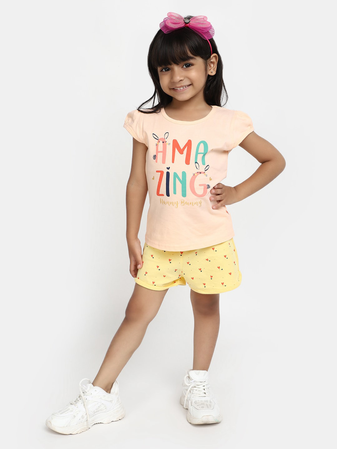 

V-Mart Girls Typography Printed Pure Cotton T-Shirt With Shorts, Pink