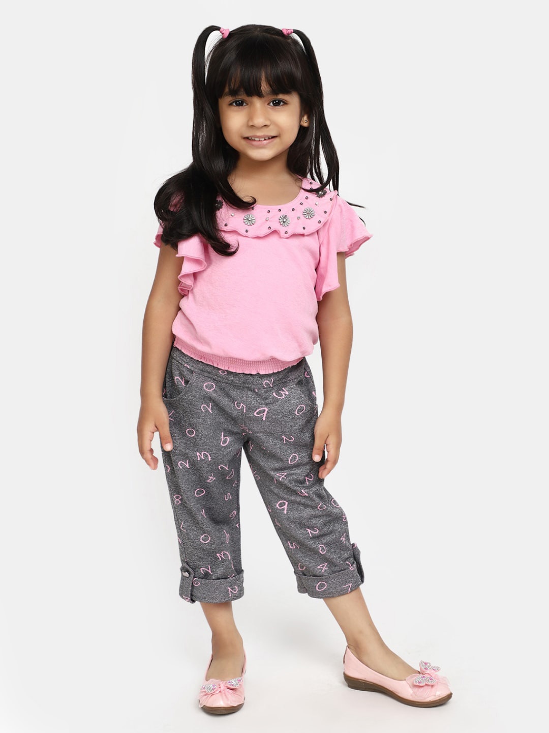 

V-Mart Girls Ruffle Pure Cotton Top With Trousers, Pink
