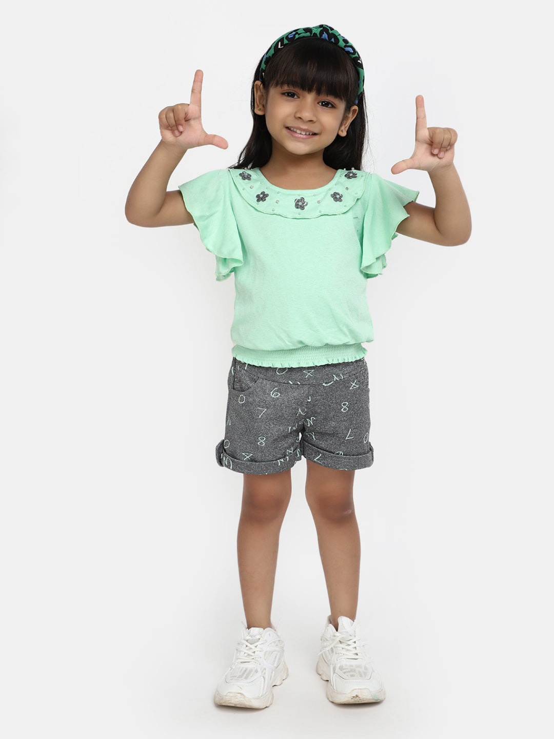 

V-Mart Girls Ruffle Pure Cotton Top With Shorts, Green