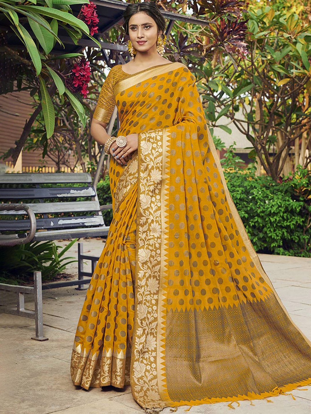 

GAJARAI Ethnic Motifs Woven Design Zari Chanderi Saree, Yellow
