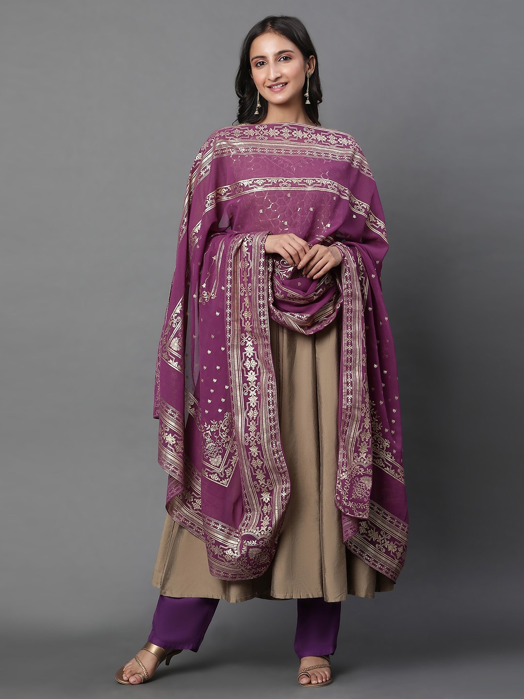 

AURELIA Ethnic Motif Printed Chiffon Dupatta, Purple