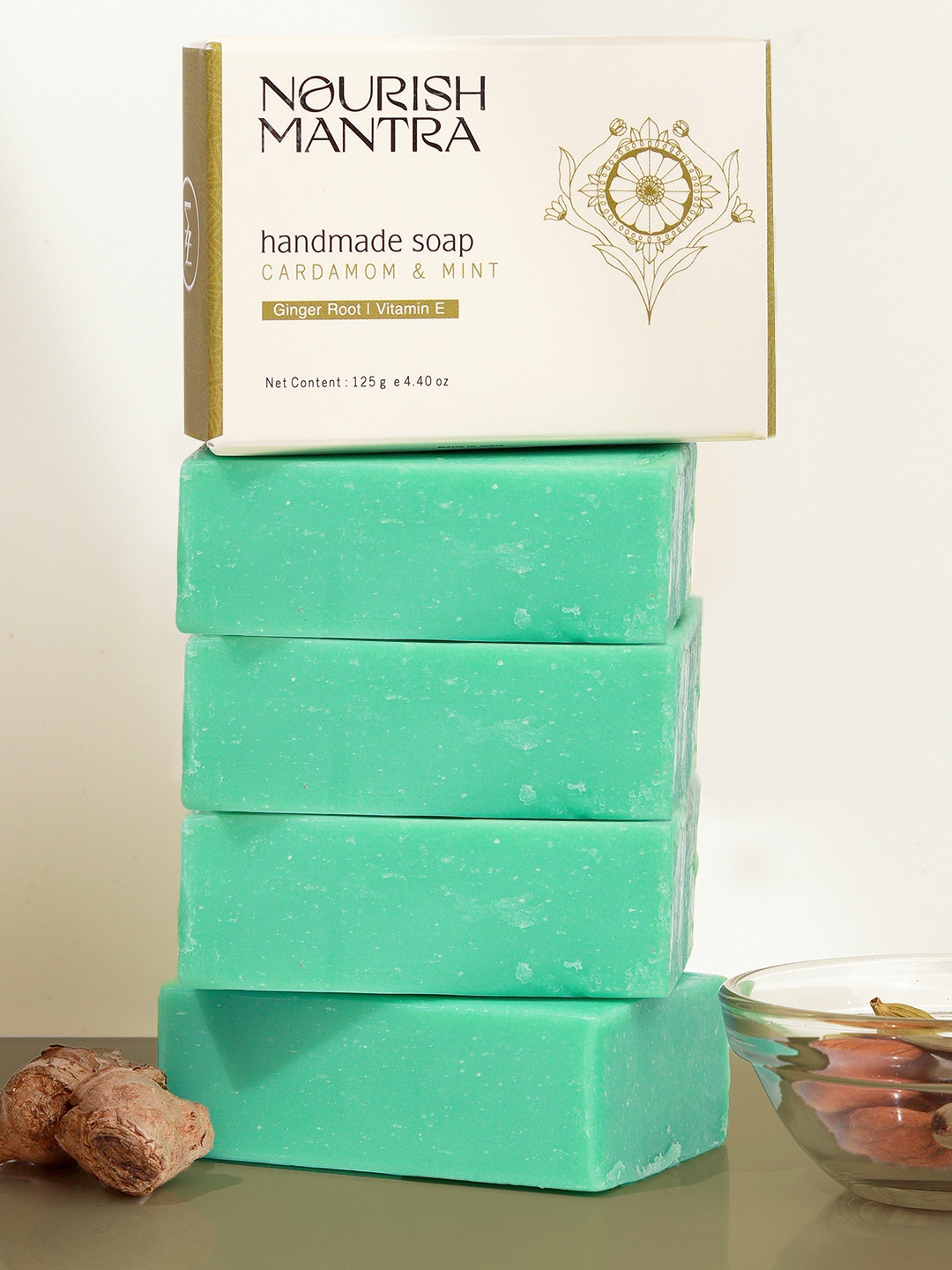 

Nourish Mantra Set of 4 Cardamom & Mint Handmade Soap with Vit-E & Ginger Root - 125g each, White