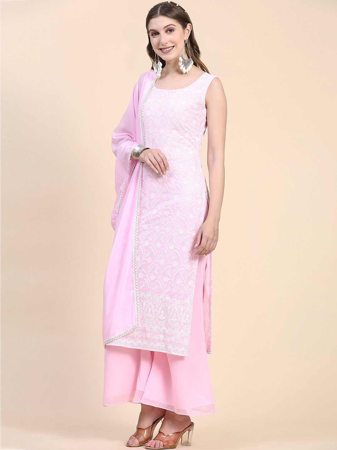 

BLACK SCISSOR Ethnic Motifs Embroidered Chikankari Straight Kurta & Palazzos With Dupatta, Pink