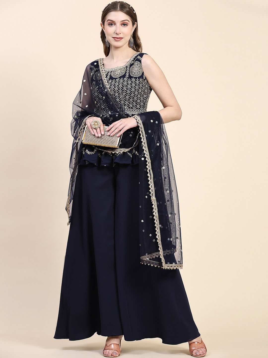 

BLACK SCISSOR Floral Embroidered Pleated Kurta With Palazzos & Dupatta, Navy blue
