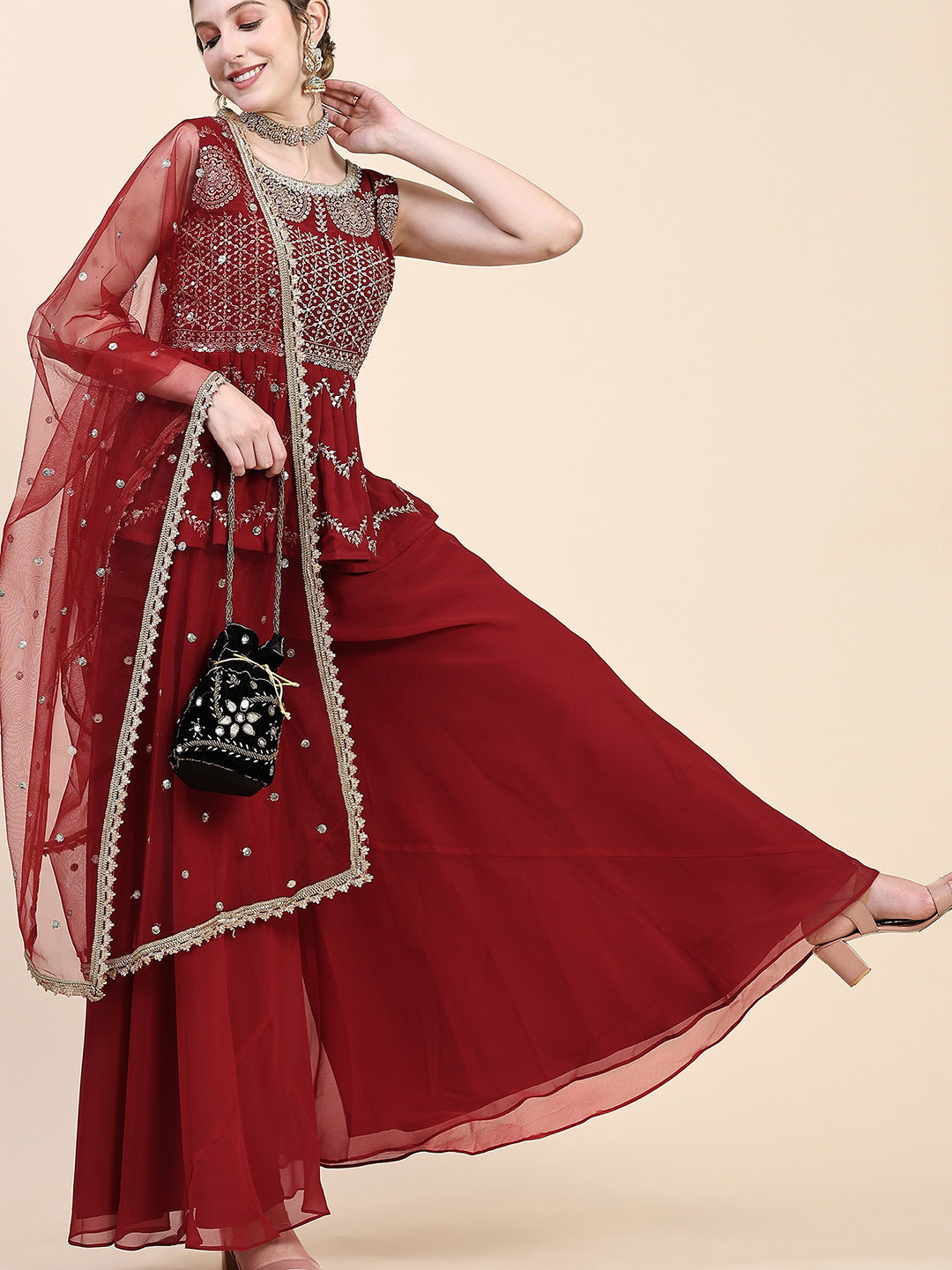 

BLACK SCISSOR Ethnic Motifs Embroidered Zari Detailed A-Line Kurta & Palazzos With Dupatta, Red