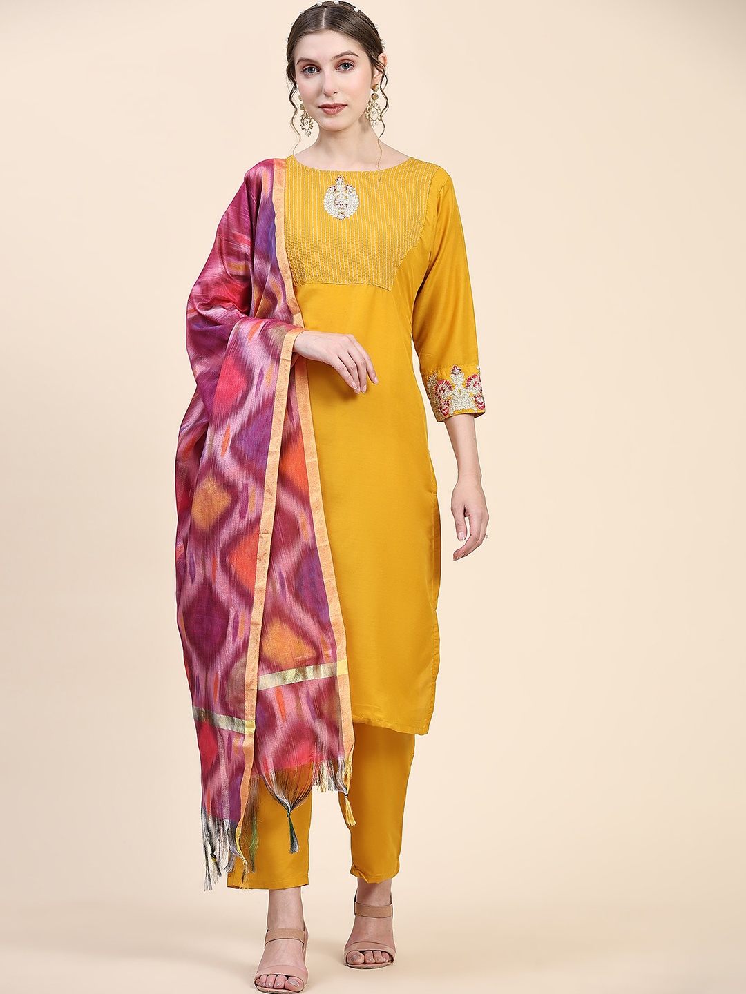 

BLACK SCISSOR Ethnic Motifs Yoke Design Pure Silk Straight Kurta & Trousers With Dupatta, Yellow