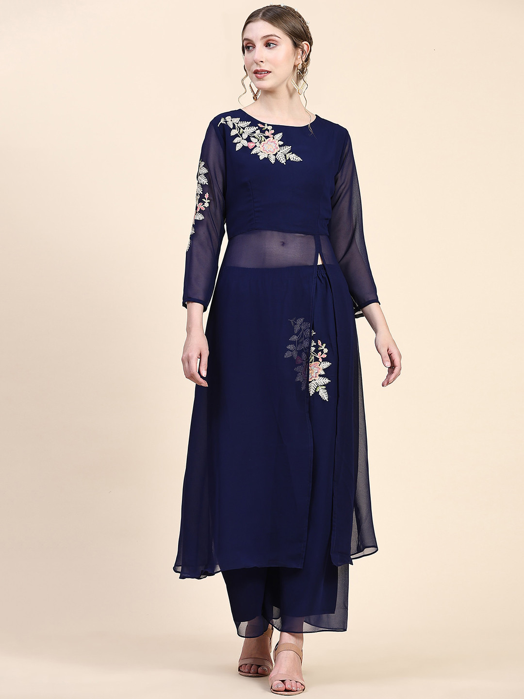 

BLACK SCISSOR Floral Embroidered High Slit Georgette A-Line Kurta With Palazzos, Navy blue