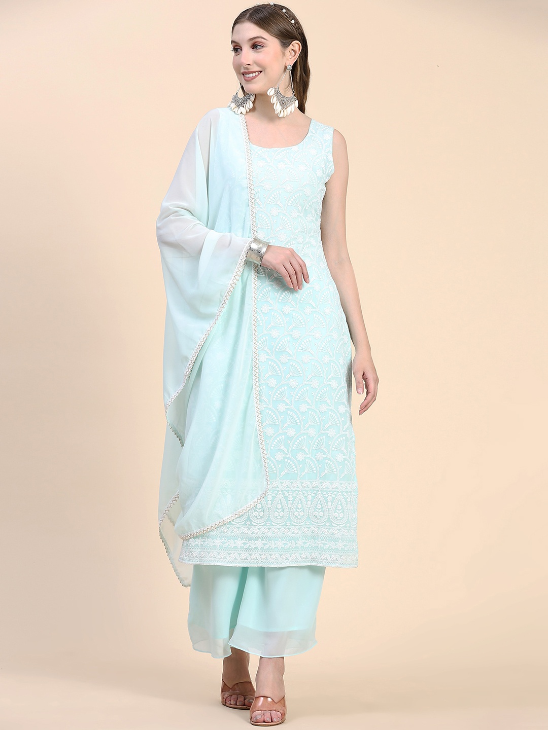 

BLACK SCISSOR Floral Embroidered Chikankari Georgette Kurta With Palazzos & Dupatta, Blue