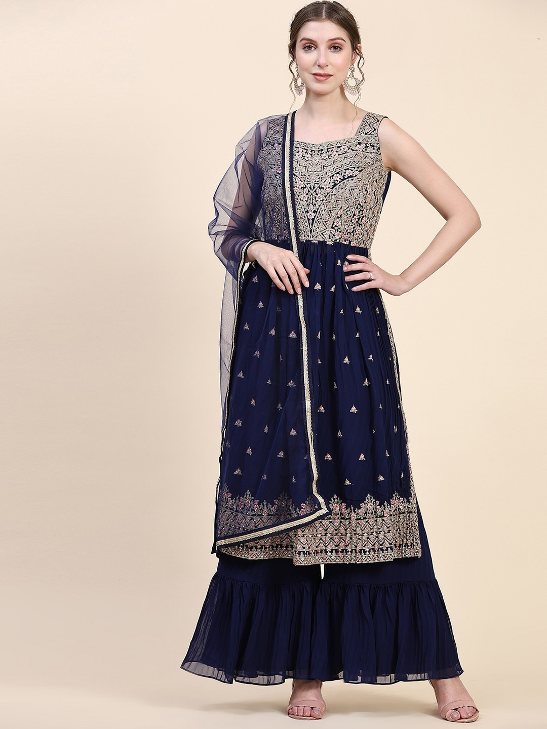 

BLACK SCISSOR Floral Embroidered Pleated Georgette A-Line Kurta With Sharara & Dupatta, Navy blue