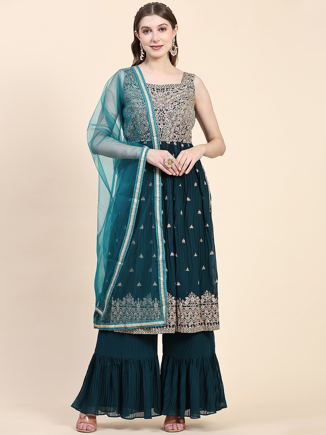 

BLACK SCISSOR Floral Embroidered Pleated Zardozi Kurta With Sharara & Dupatta, Teal