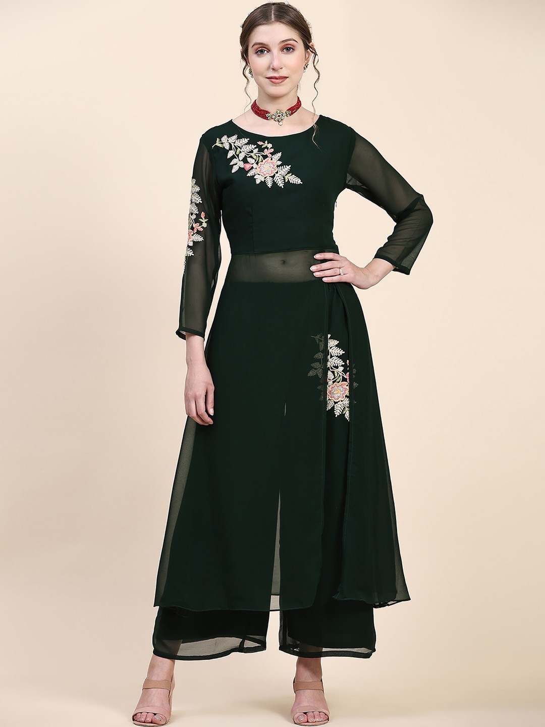 

BLACK SCISSOR Floral Embroidered Thread Work Detailed High Slit A-Line Kurta with Palazzos, Green