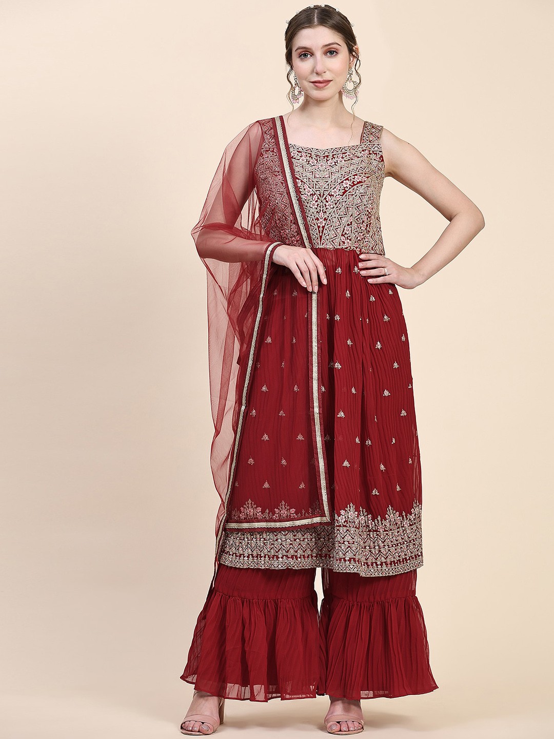 

BLACK SCISSOR Ethnic Motifs Embroidered Sequinned Pleated Georgette A-Line Kurta Set, Red