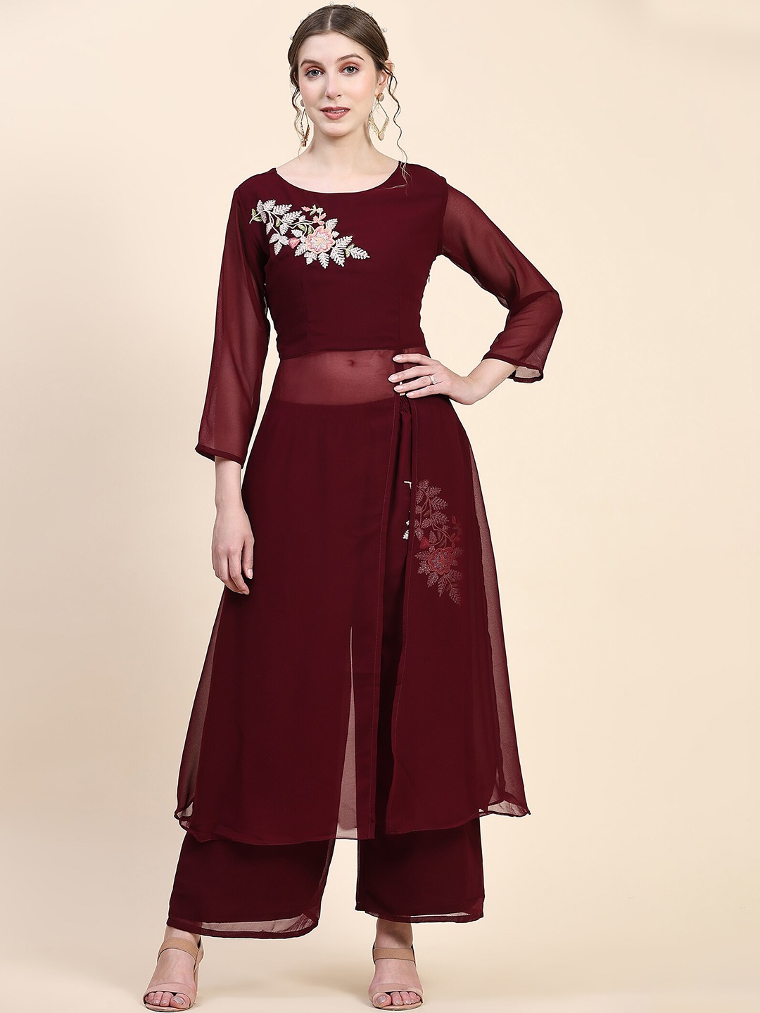 

BLACK SCISSOR Floral Embroidered High Slit Kurta With Palazzos, Maroon