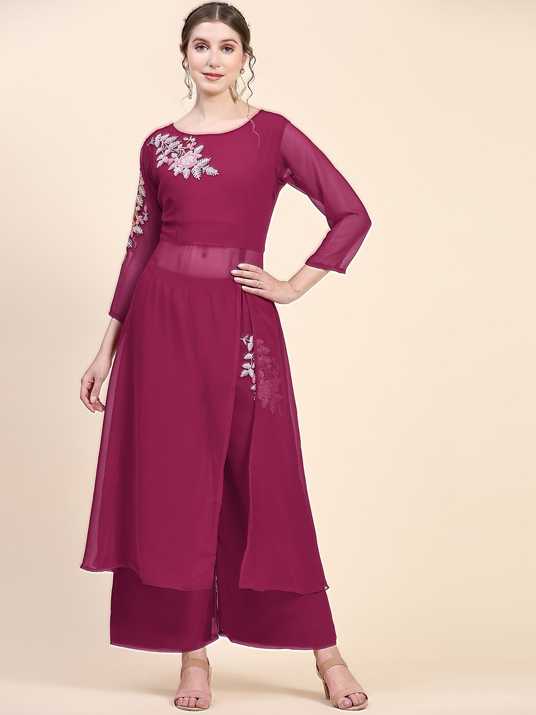 

BLACK SCISSOR Floral Embroidered High Slit Kurta With Palazzos, Purple