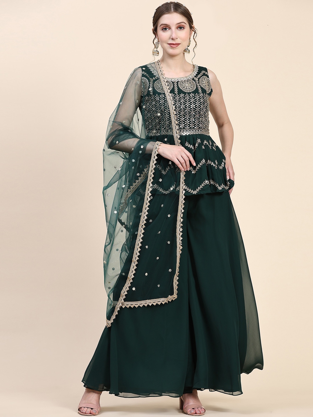 

BLACK SCISSOR Floral Embroidered Pleated Kurta With Palazzos & Dupatta, Green