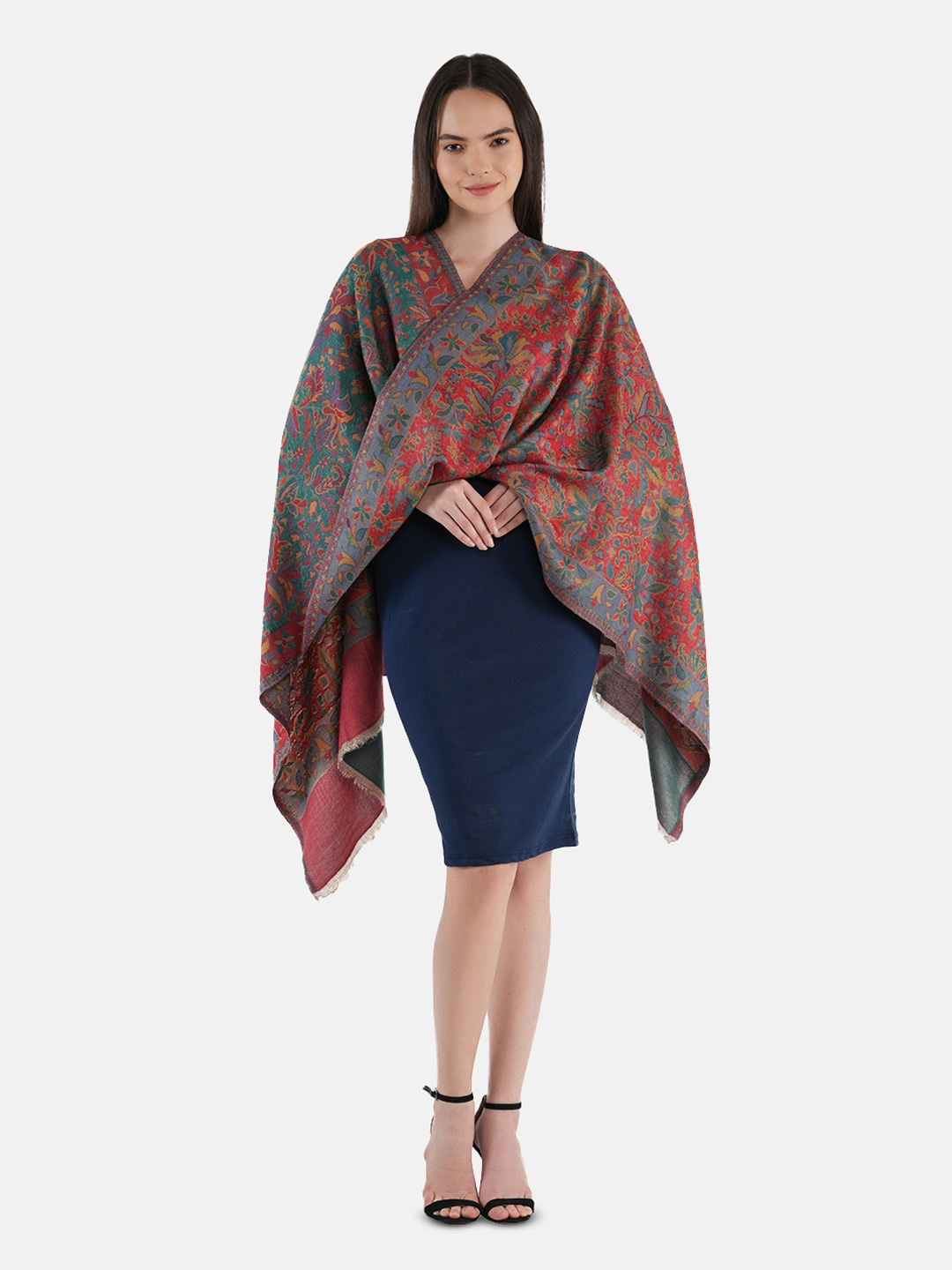 

MUFFLY Floral Printed Reversible Woolen Shawl, Grey