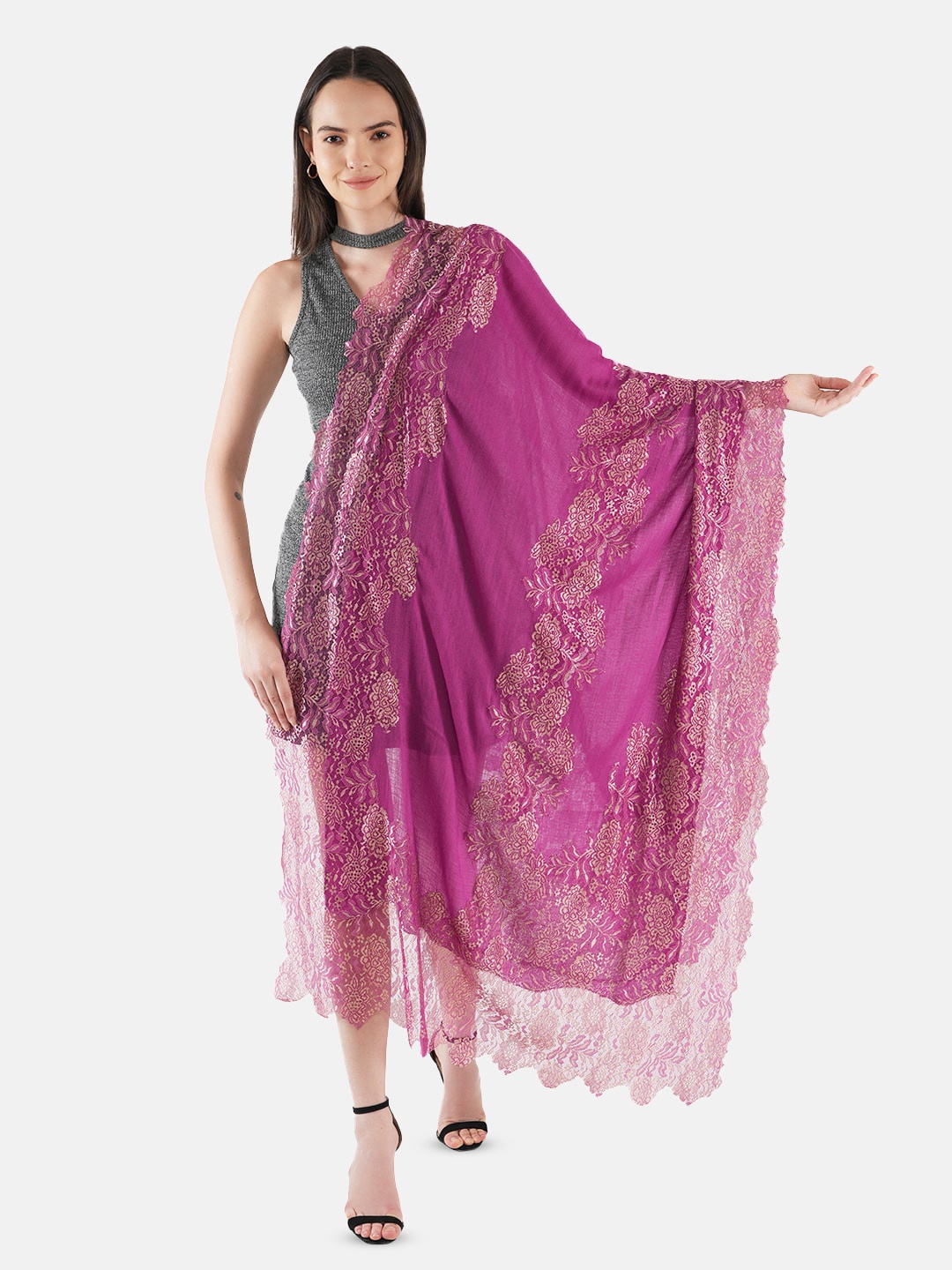 

MUFFLY Women Fine Wool Valentino Lace Stole, Pink