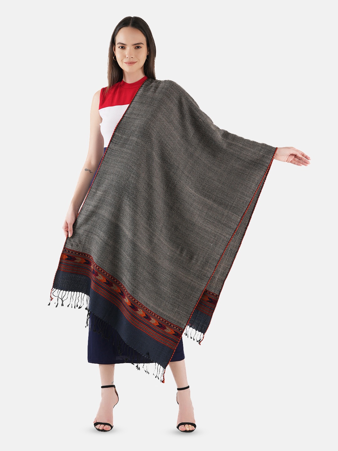 

MUFFLY Woven Design Woolen Shawl, Grey