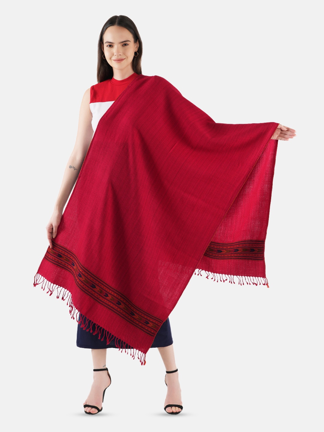 

MUFFLY Woven Design Woolen Shawl, Red