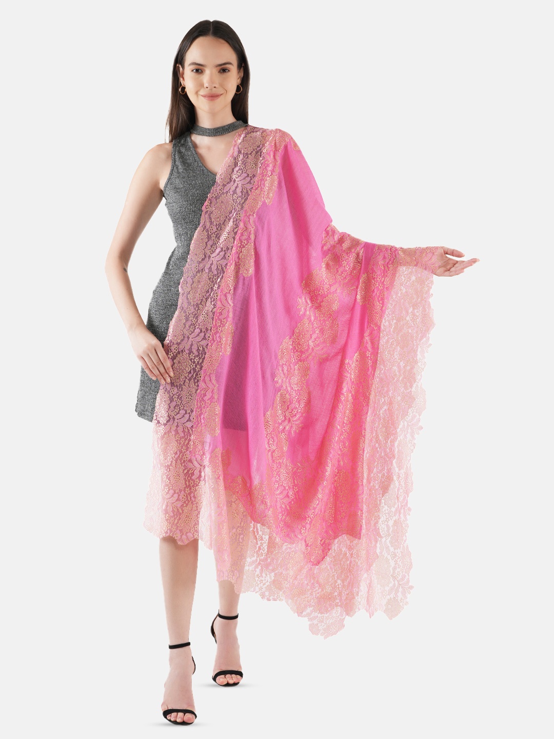 

MUFFLY Floral Self Design Woolen Stole, Pink