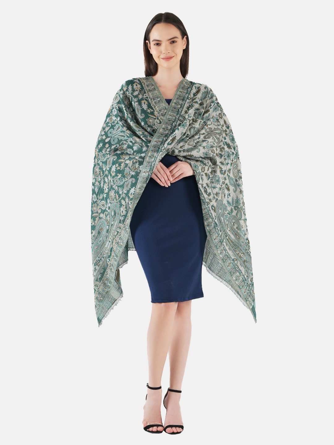 

MUFFLY Women Kashmiri Jamawar Faux Pashmina Woven Woolen Shawl, Green