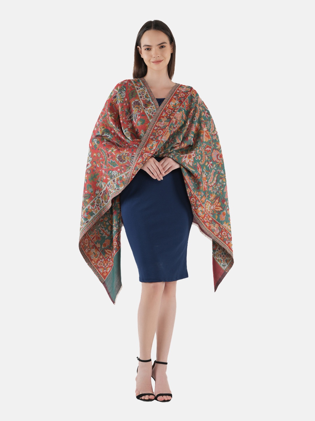 

MUFFLY Kashmiri Kani Woven Fine Wool Reversible Shawl, Red