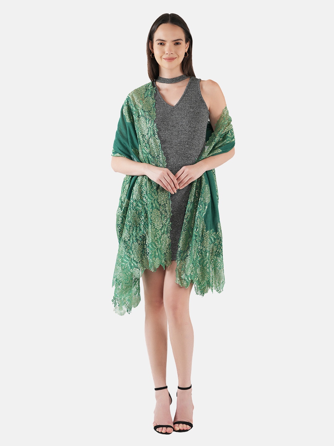 

MUFFLY Women Printed Valentino Lace Woolen Stole, Green