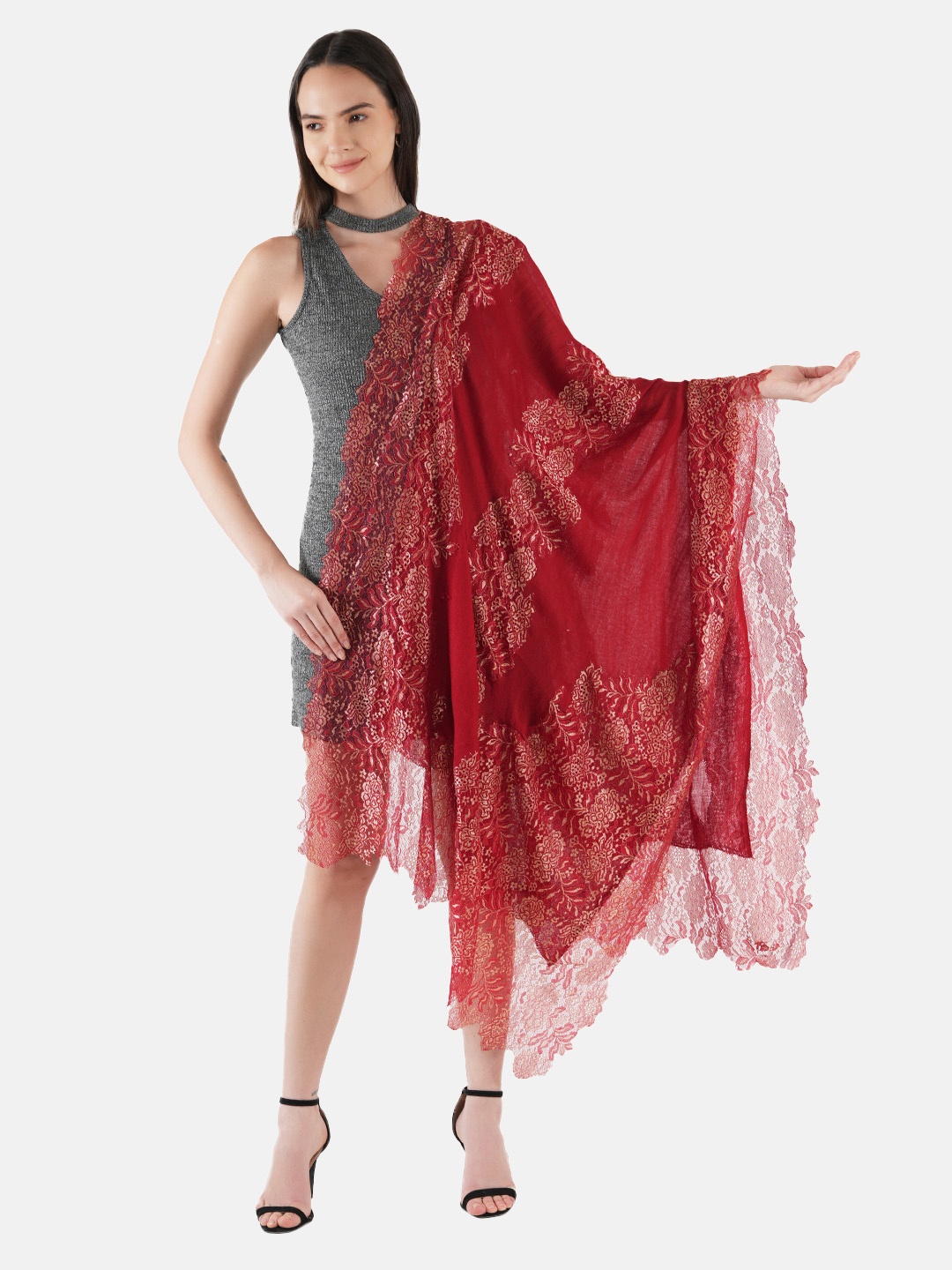 

MUFFLY Women Fine Wool Valentino Lace Stole, Red