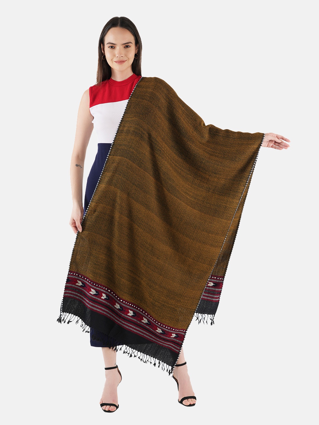 

MUFFLY Women Kullu Weaving Design Pure Woolen Soft & Warm Shawl, Brown