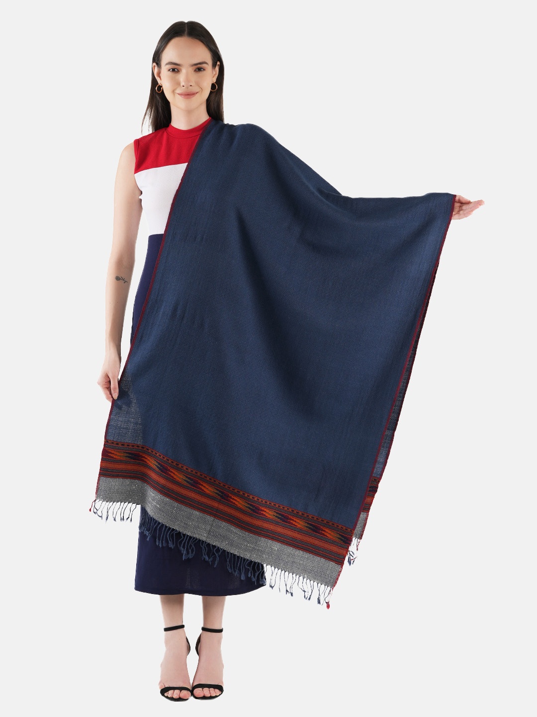 

MUFFLY Women Kullu Weaving Design Pure Woolen Soft & Warm Shawl, Navy blue