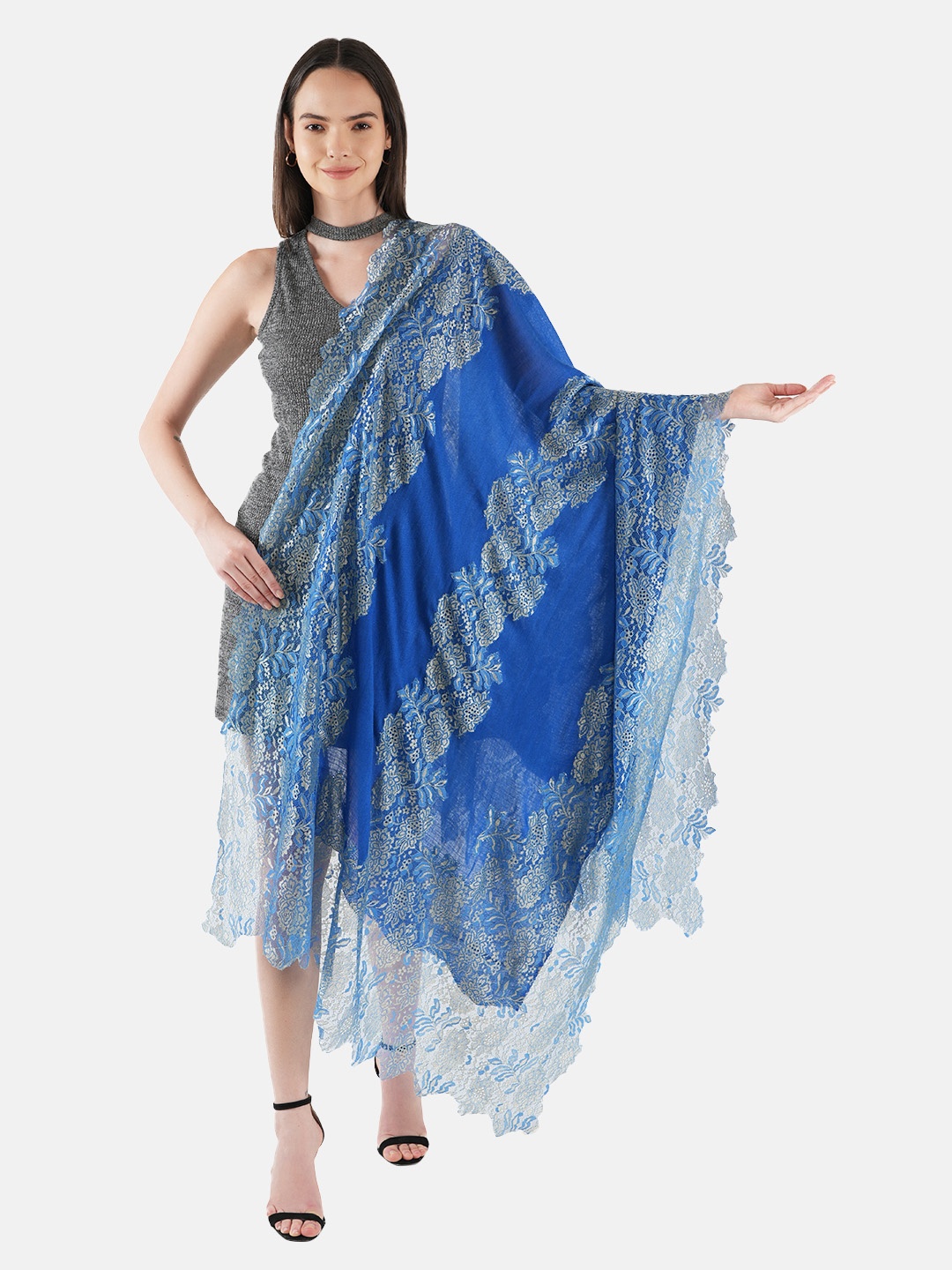 

MUFFLY Women Fine Wool Valentino Lace Stole, Blue