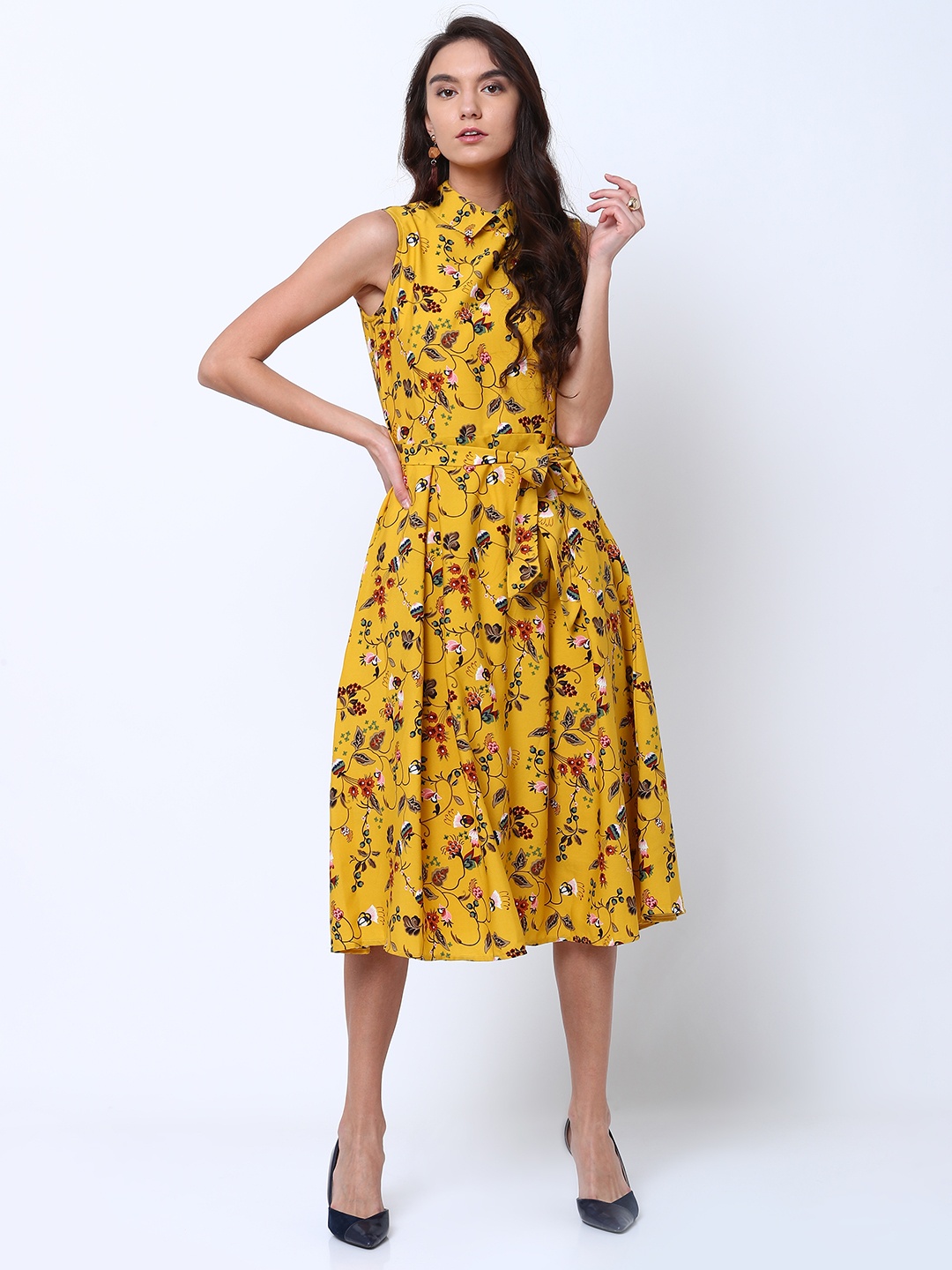 

Tokyo Talkies Women Yellow Printed Fit and Flare Dress