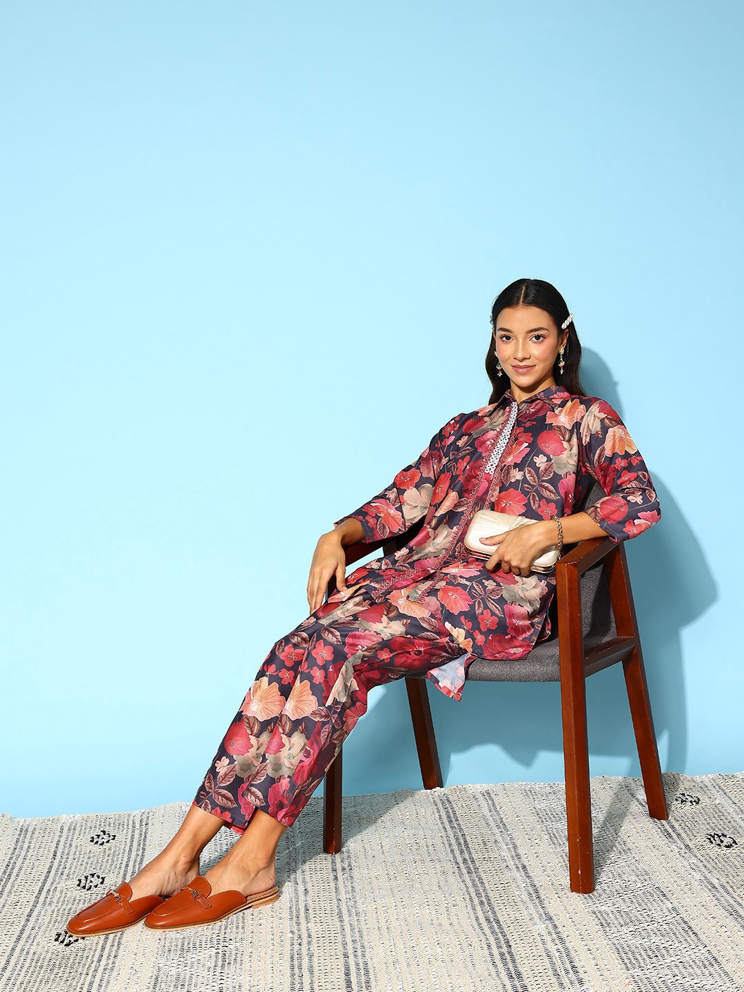 

Indo Era Women Floral Printed Co-Ords Set, Black