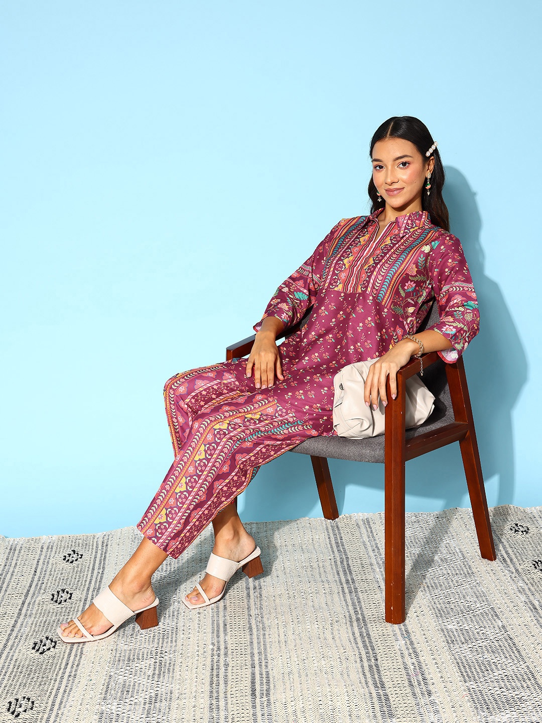 

Indo Era Women Floral Printed Co-Ords Set, Burgundy