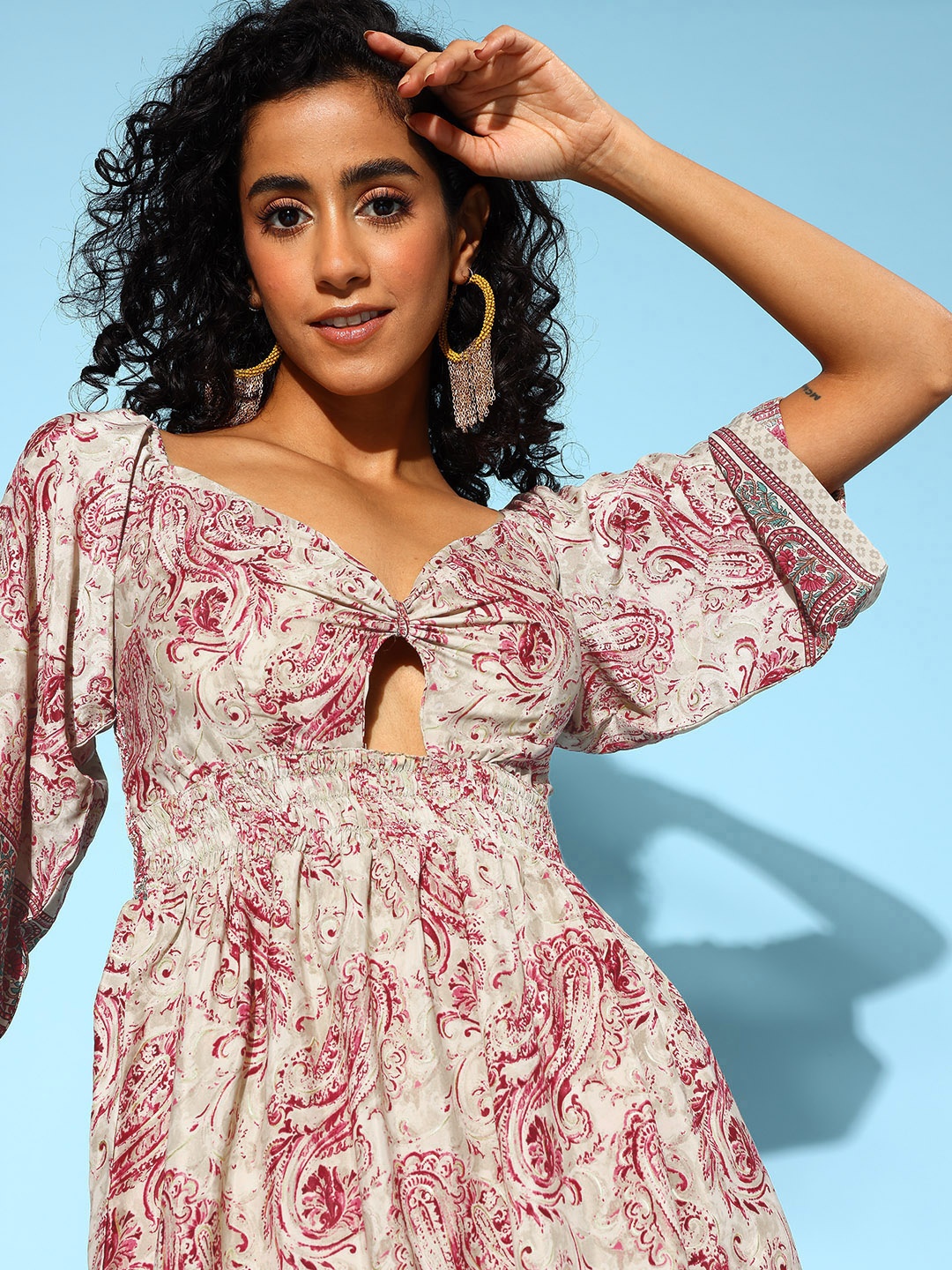 

Indo Era Ethnic Motifs Print A-Line Dress, Beige
