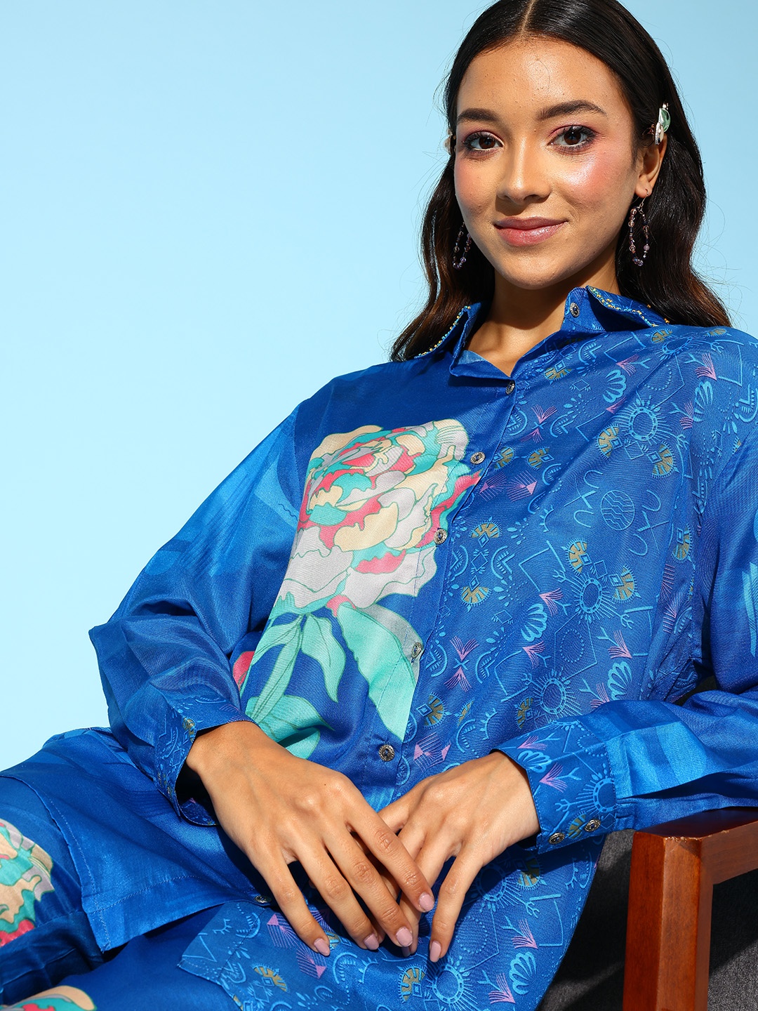

Indo Era Women Floral Printed Co-Ords Set, Blue