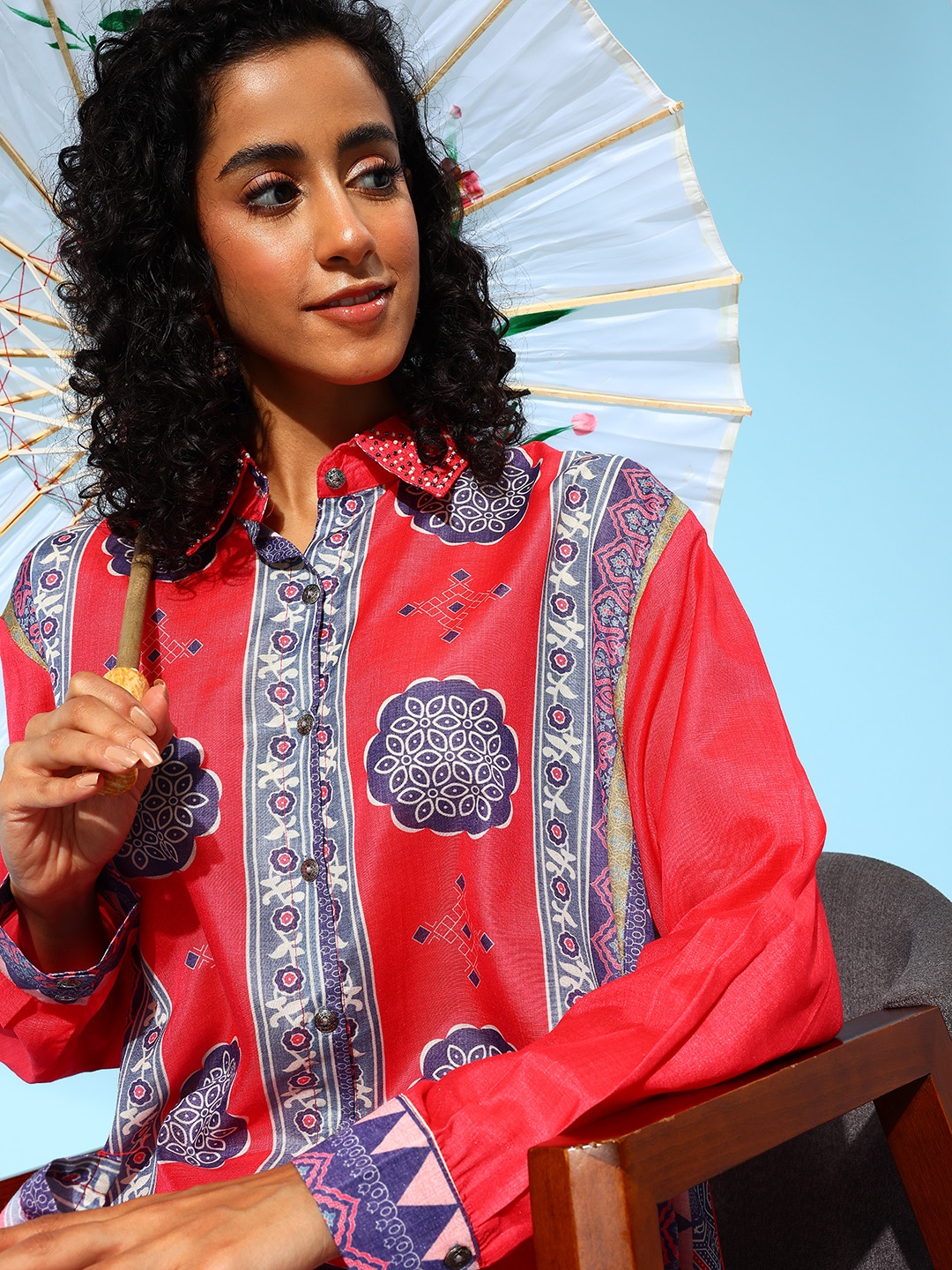 Indo Era Women Geometric Printed Co-Ords Set, Red