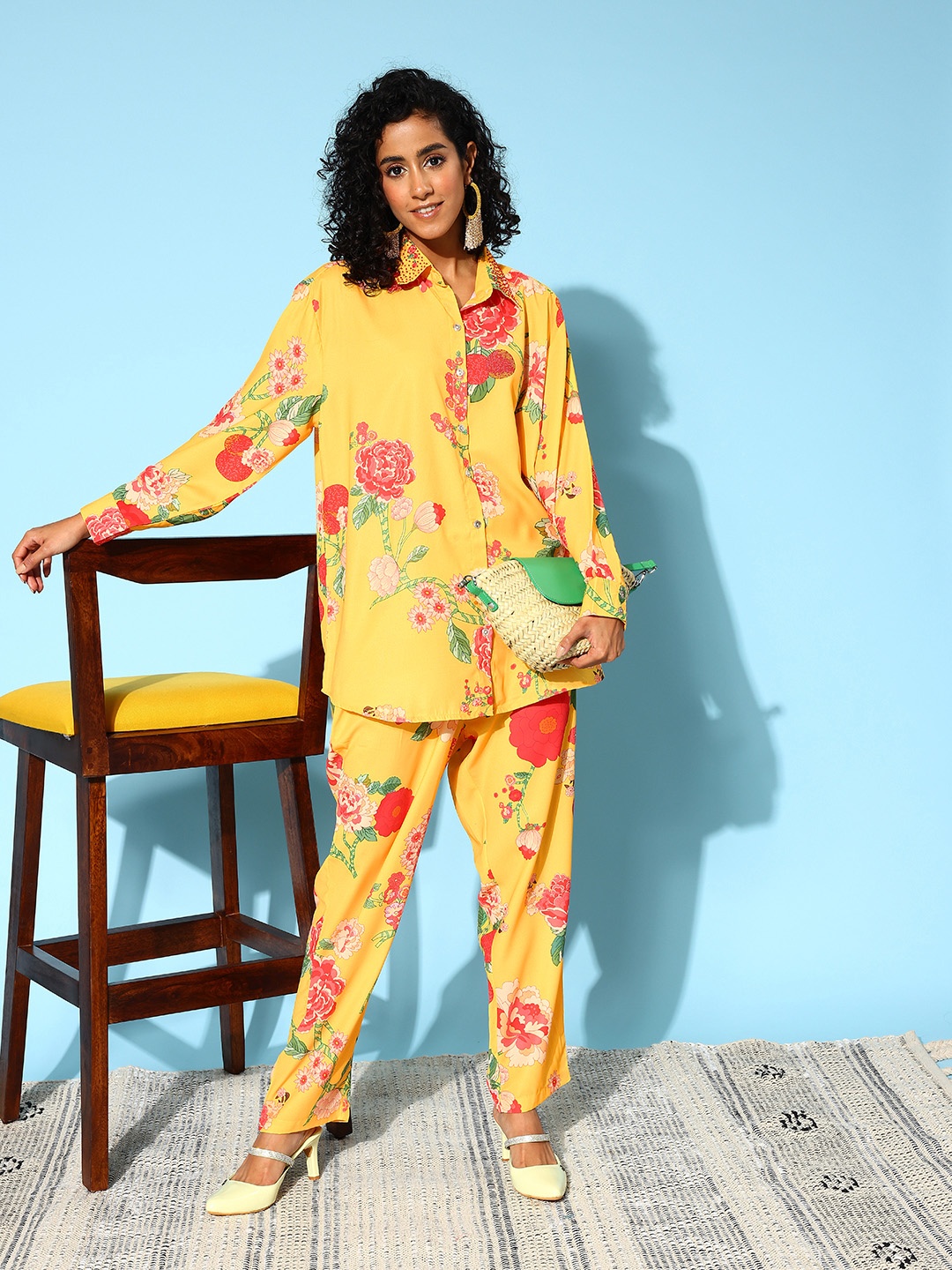 

Indo Era Women Floral Printed Co-Ords Set, Yellow