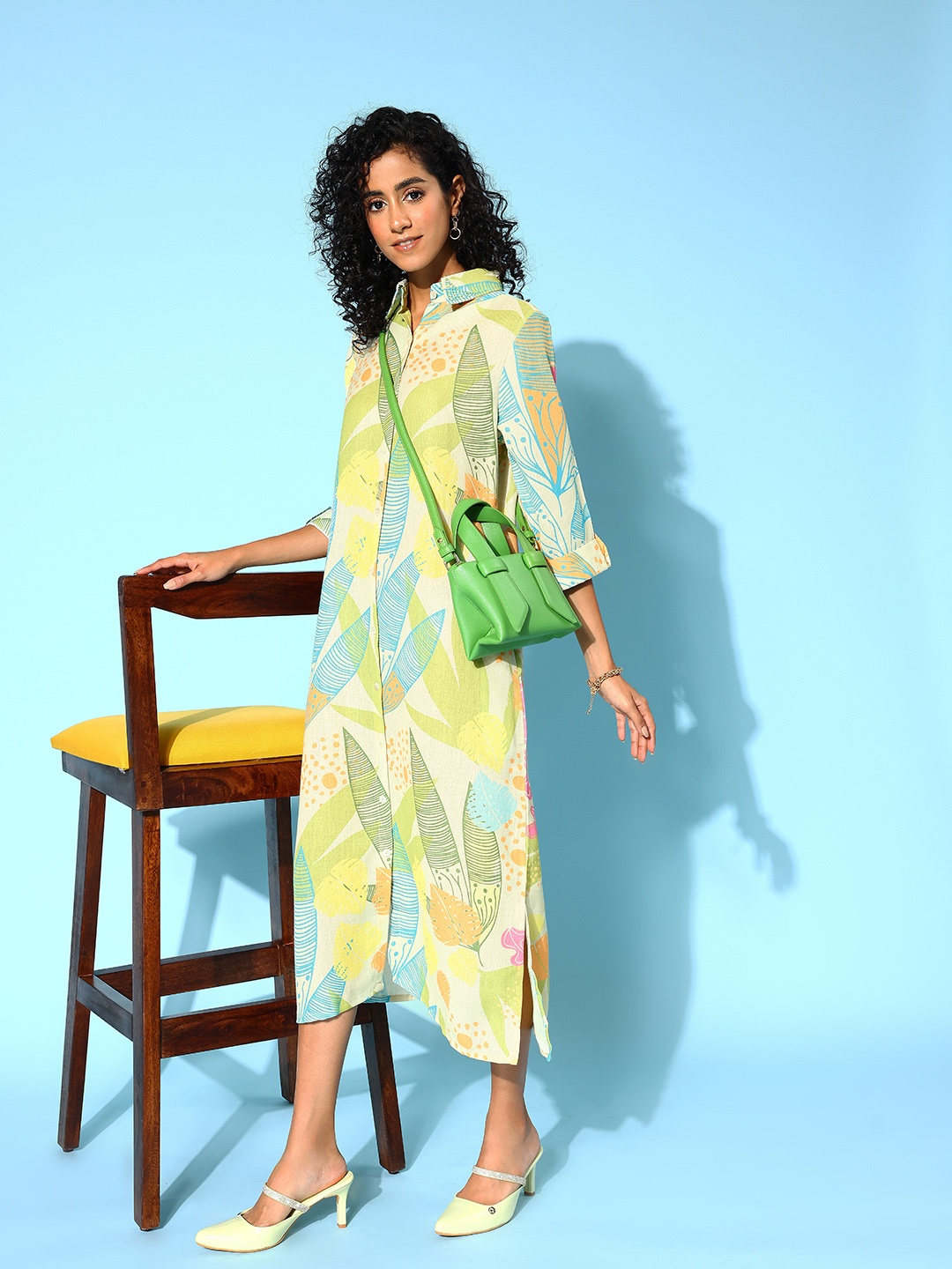 

Indo Era Ethnic Motifs Print Shirt Midi Dress, Green