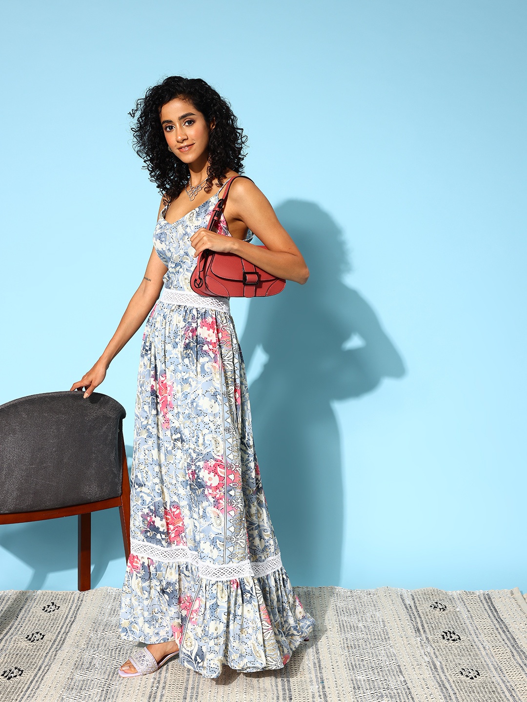 

Indo Era Floral Print A-Line Maxi Dress, Blue