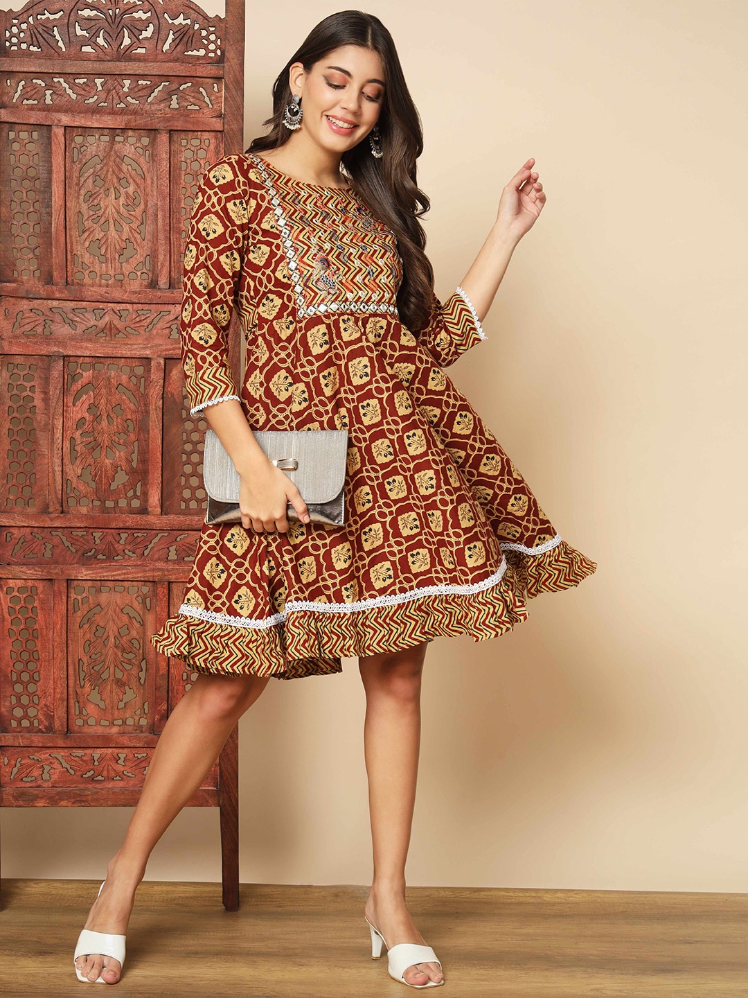 

Vbuyz Ethnic Motifs Printed Sequinned Cotton A Line Dress, Maroon