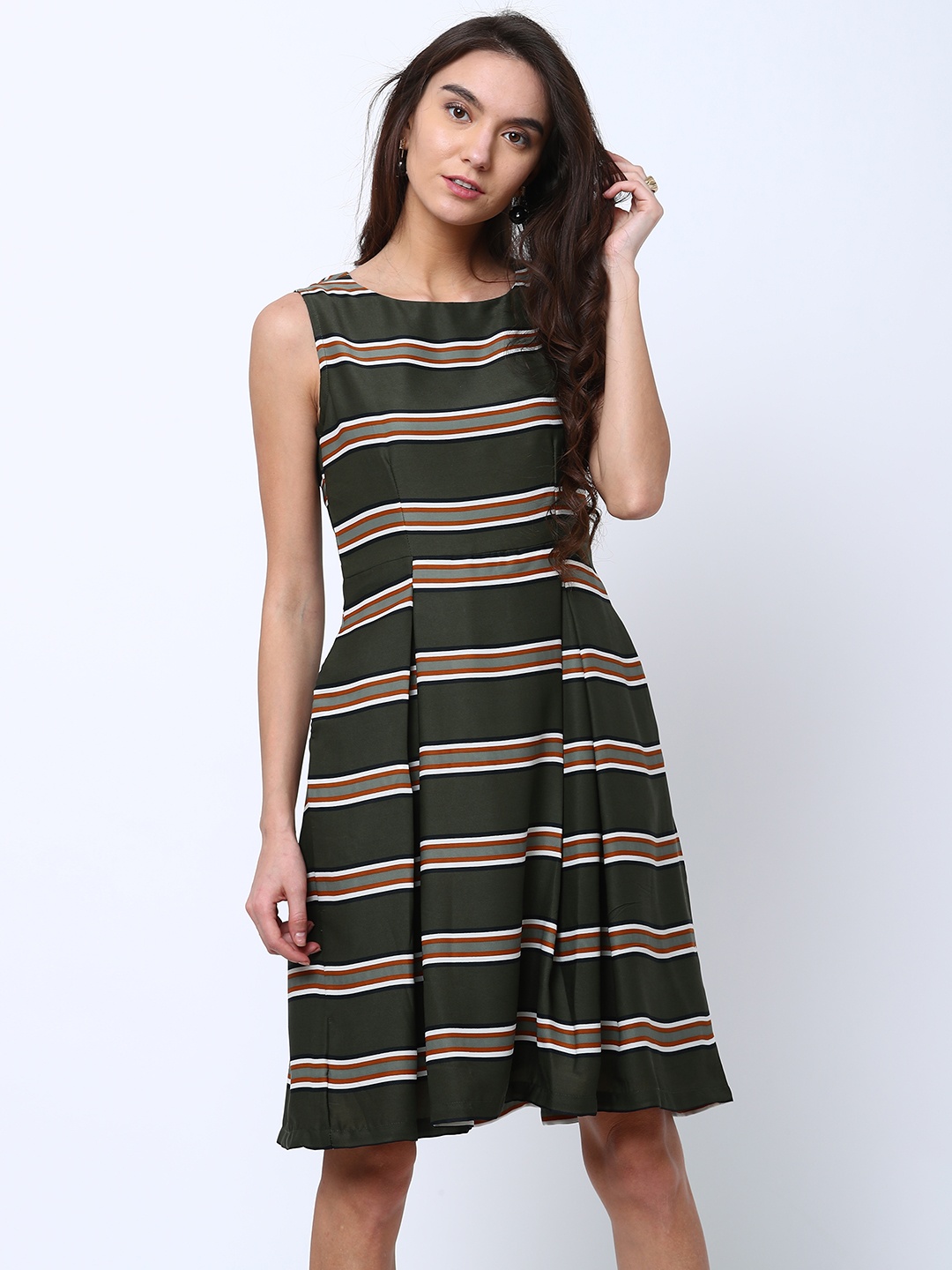 

Tokyo Talkies Women Olive Green Striped Fit and Flare Dress