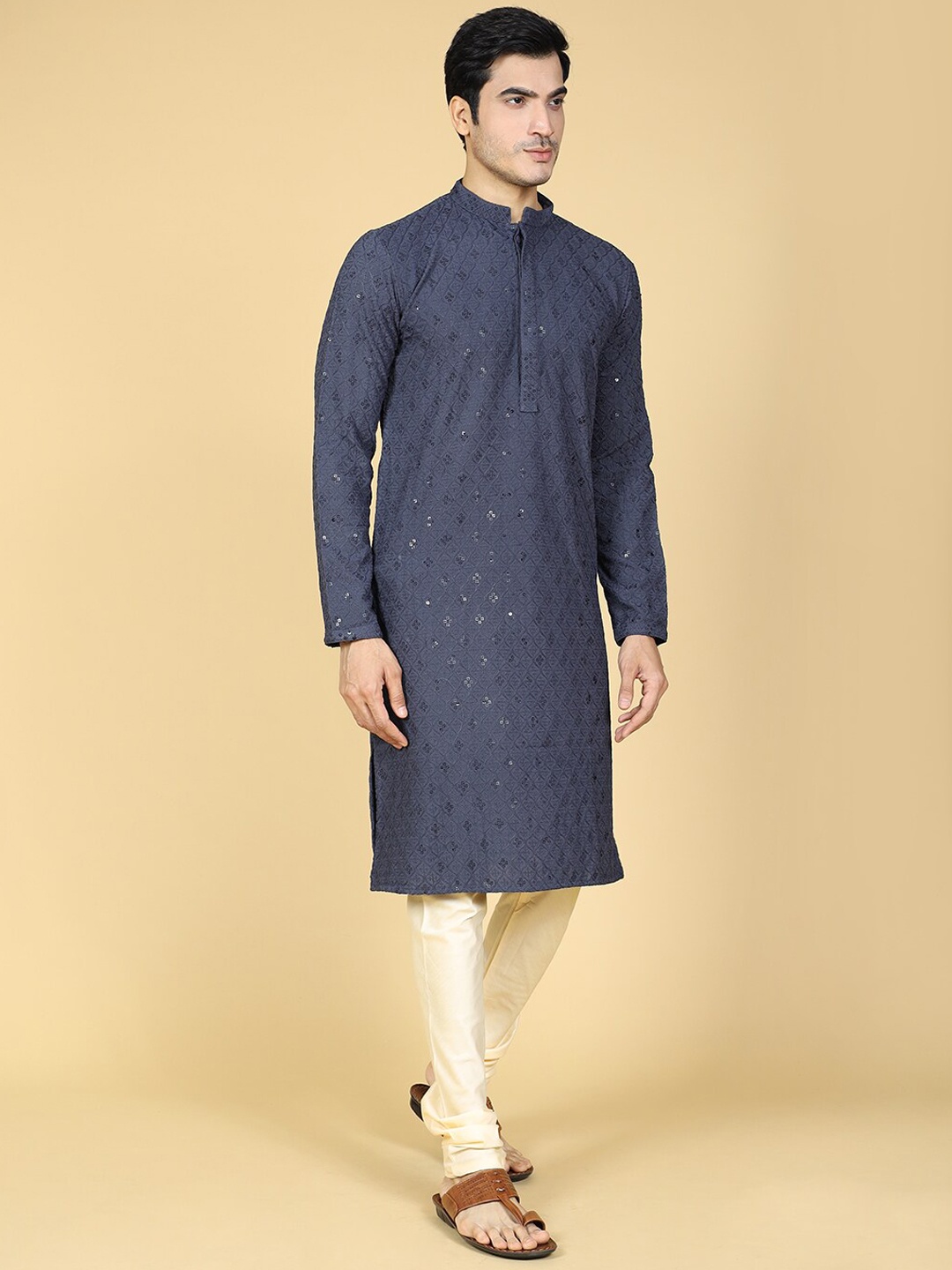 

Sultan The King Of Kurta Ethnic Motifs Chikankari Cotton Long Sleeve Kurta With Churidar, Grey