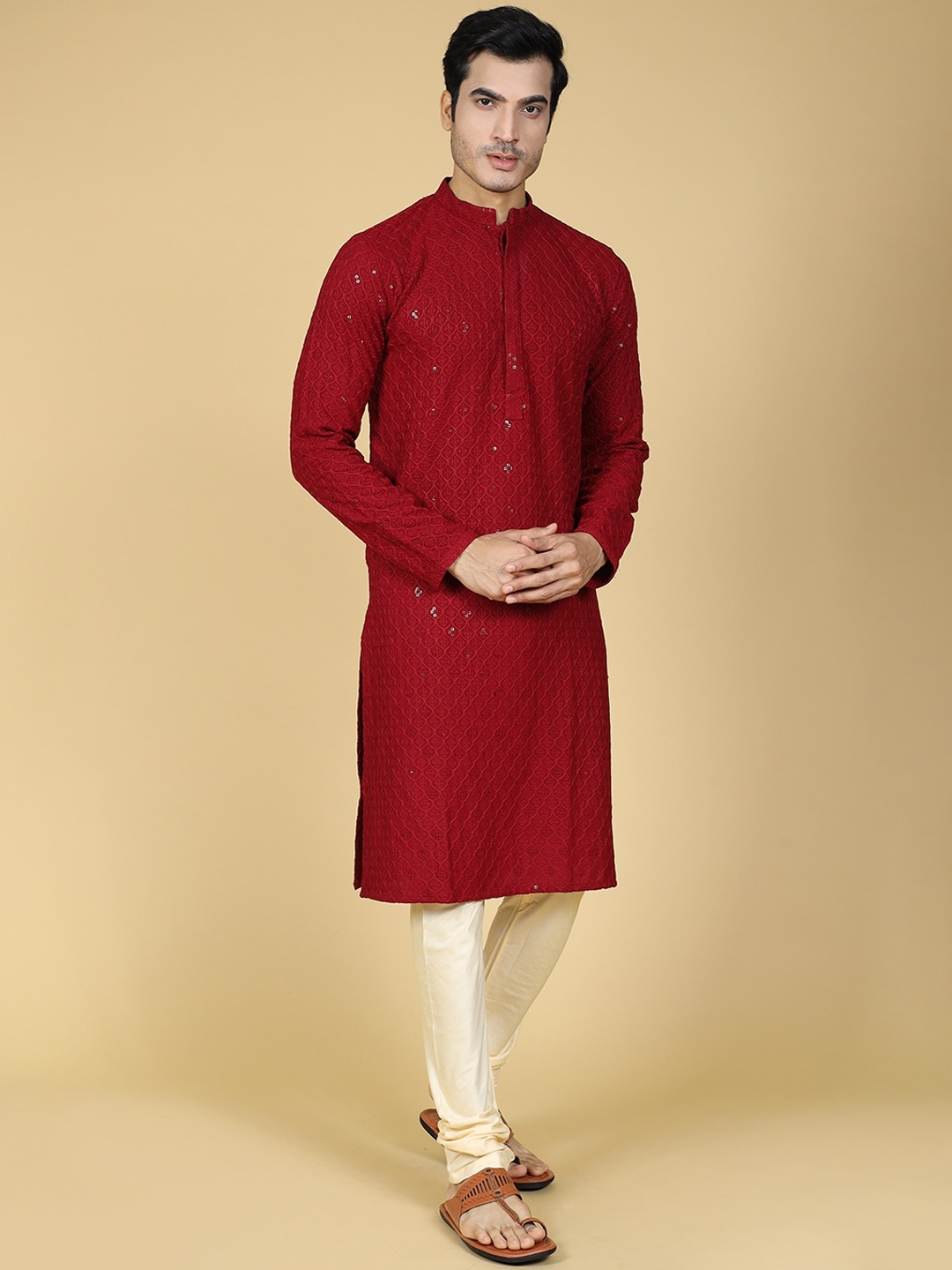 

Sultan The King Of Kurta Ethnic Motifs Chikankari Cotton Long Sleeve Kurta With Churidar, Maroon